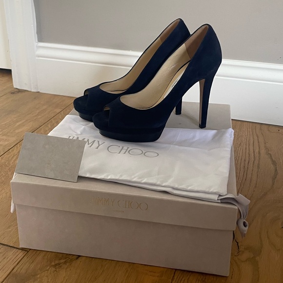 New in box Jimmy Choo Tayten Navy Blue Suede Platform Pumps 35.5 NIB - Picture 1 of 4